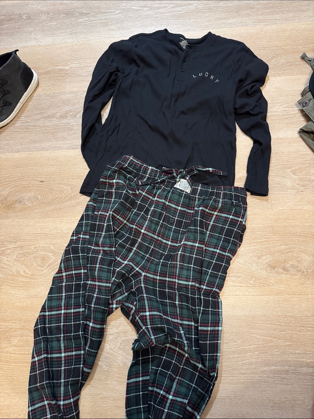 Lucky Brand Black Henley Top with Green Plaid Pajama Pants - Men’s